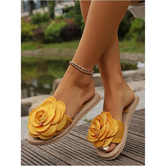 Women's Yellow Floral Straw Slip On Slide Beach Vacation Flat Sandals Shoes - Picture 5 of 5